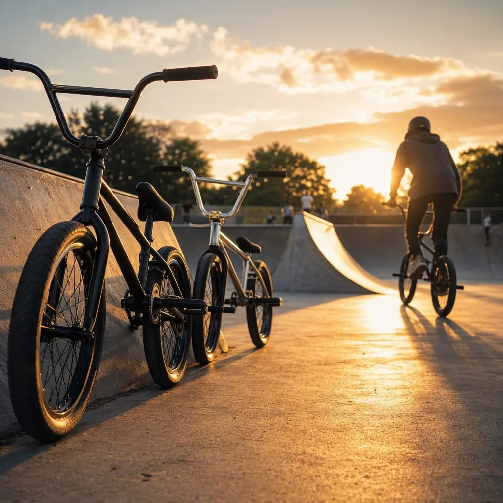 BMX bikes beside a skatepark in warm golden-hour light.