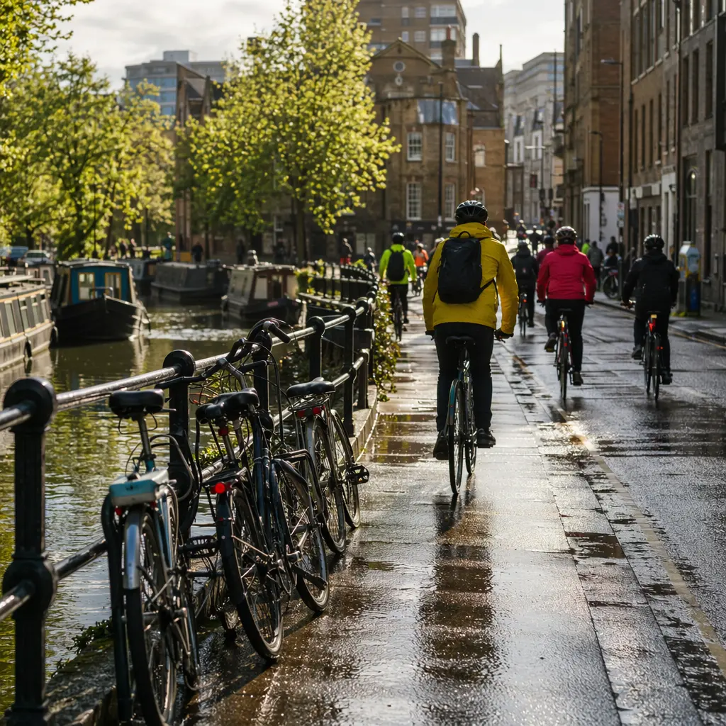 Low-maintenance commuter bikes on a bright city canal route in sunny conditions