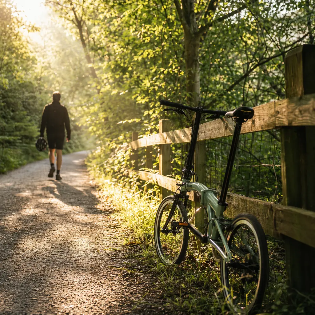 Folding bike on a woodland path in warm morning sunlight.