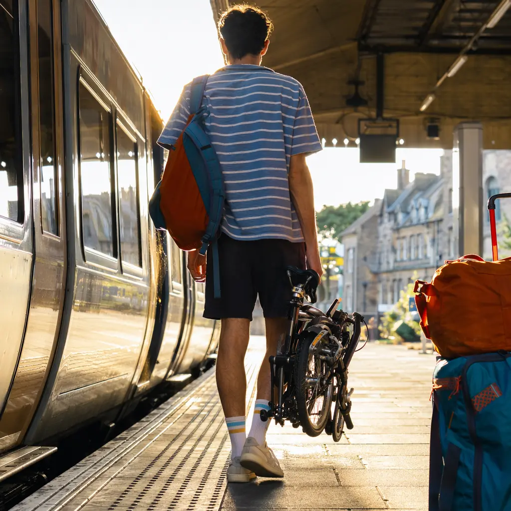 Compact folding bike beside a train platform in warm backlit sunlight.