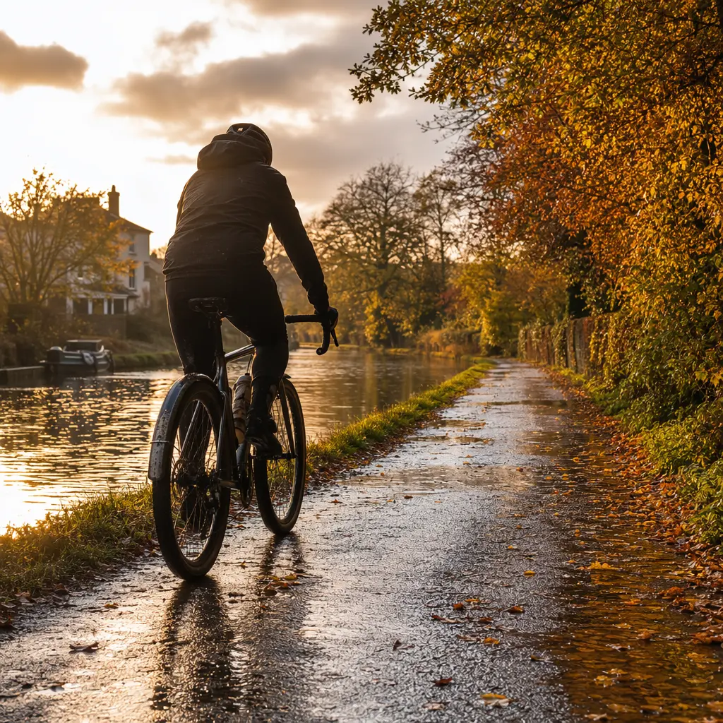 Budget gravel bike being ridden along a wet canal towpath during golden hour