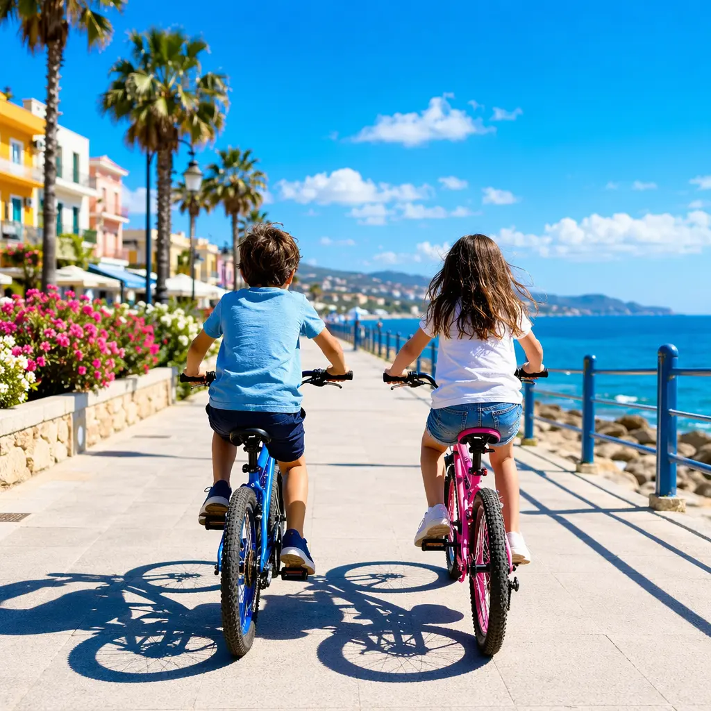 Children cycling along a sunny seafront promenade