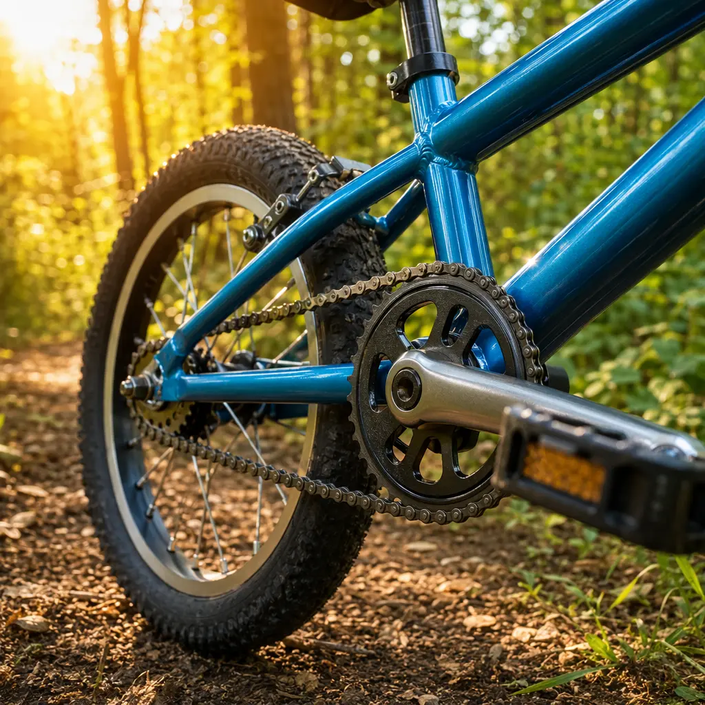Close-up of a lightweight children’s bike drivetrain in woodland sunlight