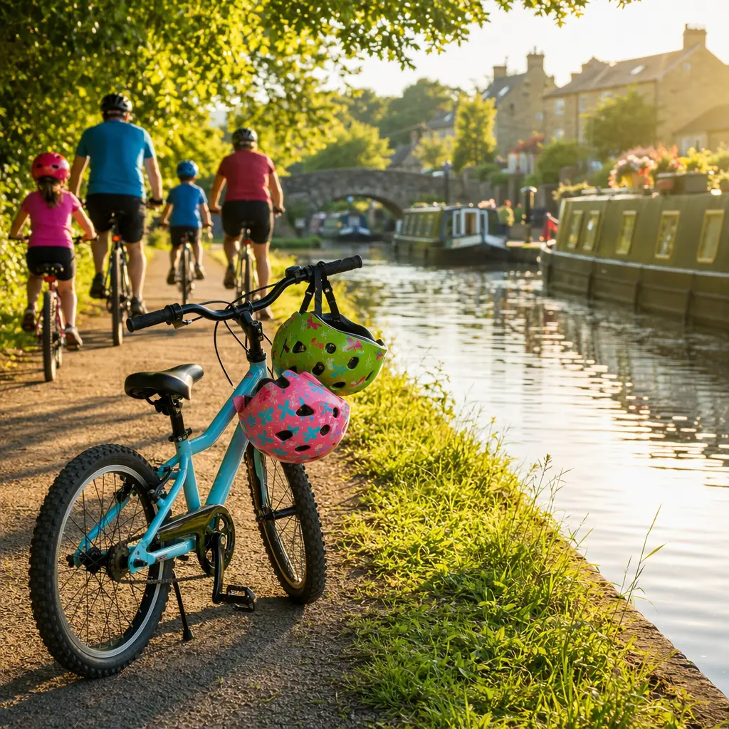Children’s bikes beside a sunny canal towpath during golden hour