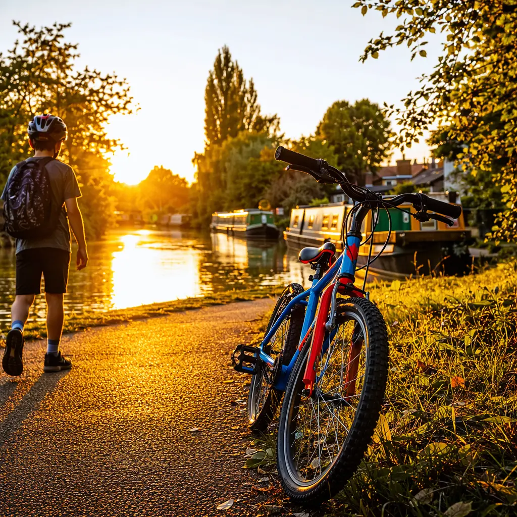 Children’s bike beside a canal towpath in warm evening sunlight