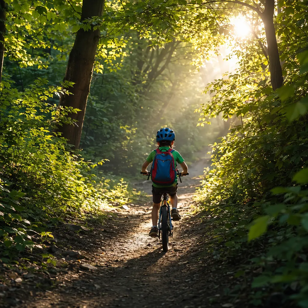 Child riding a small bicycle through sunny woodland trails