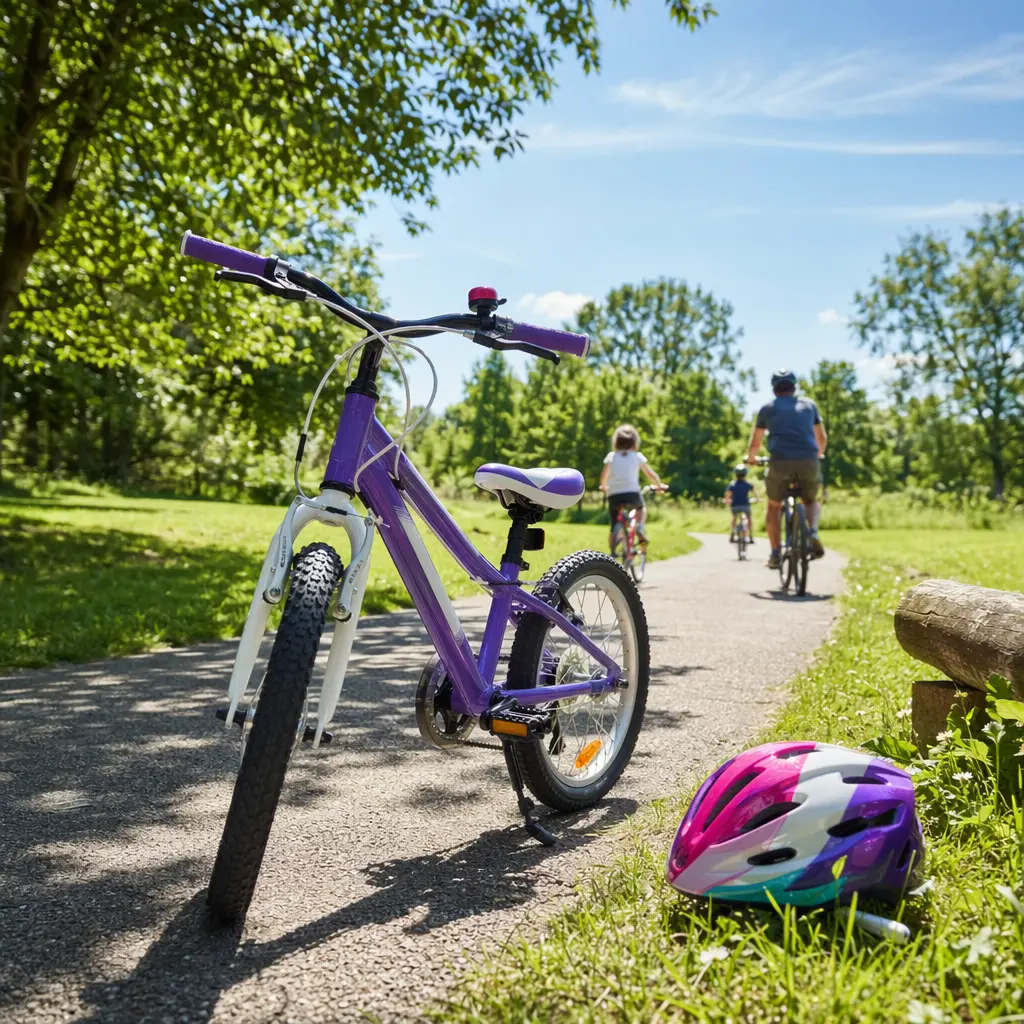 Lightweight children’s bike on a sunny park path under a bright blue sky