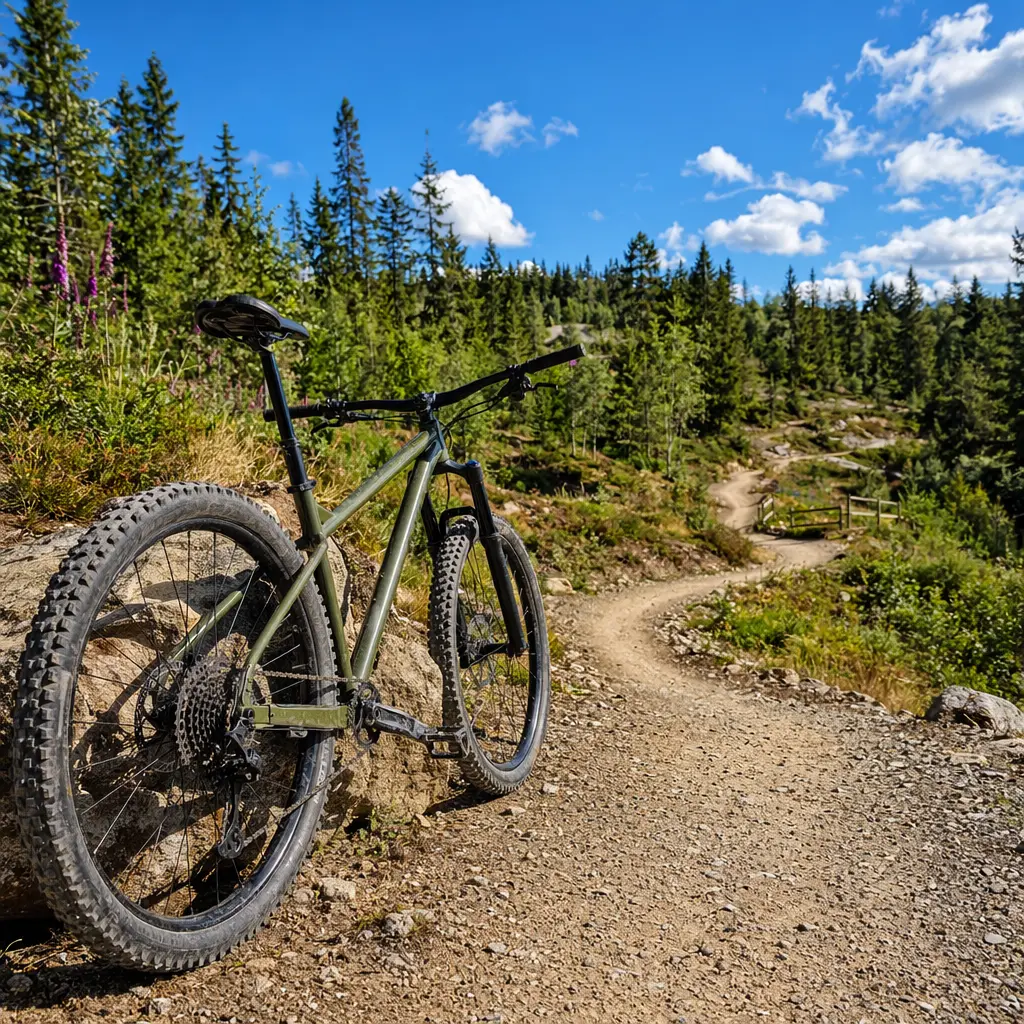 Mountain bike beside a sunny woodland trail centre route