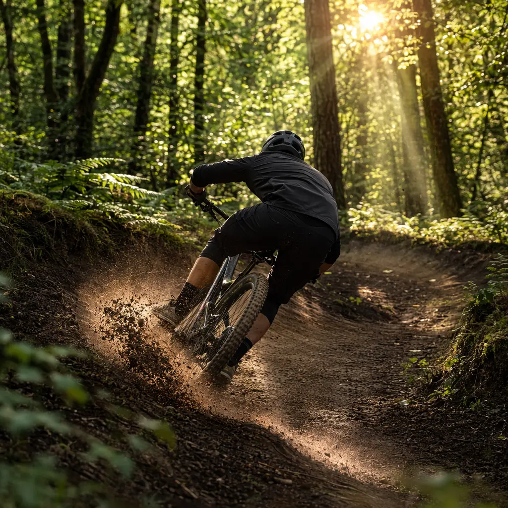Hardtail mountain bike cornering through a woodland trail in warm morning light