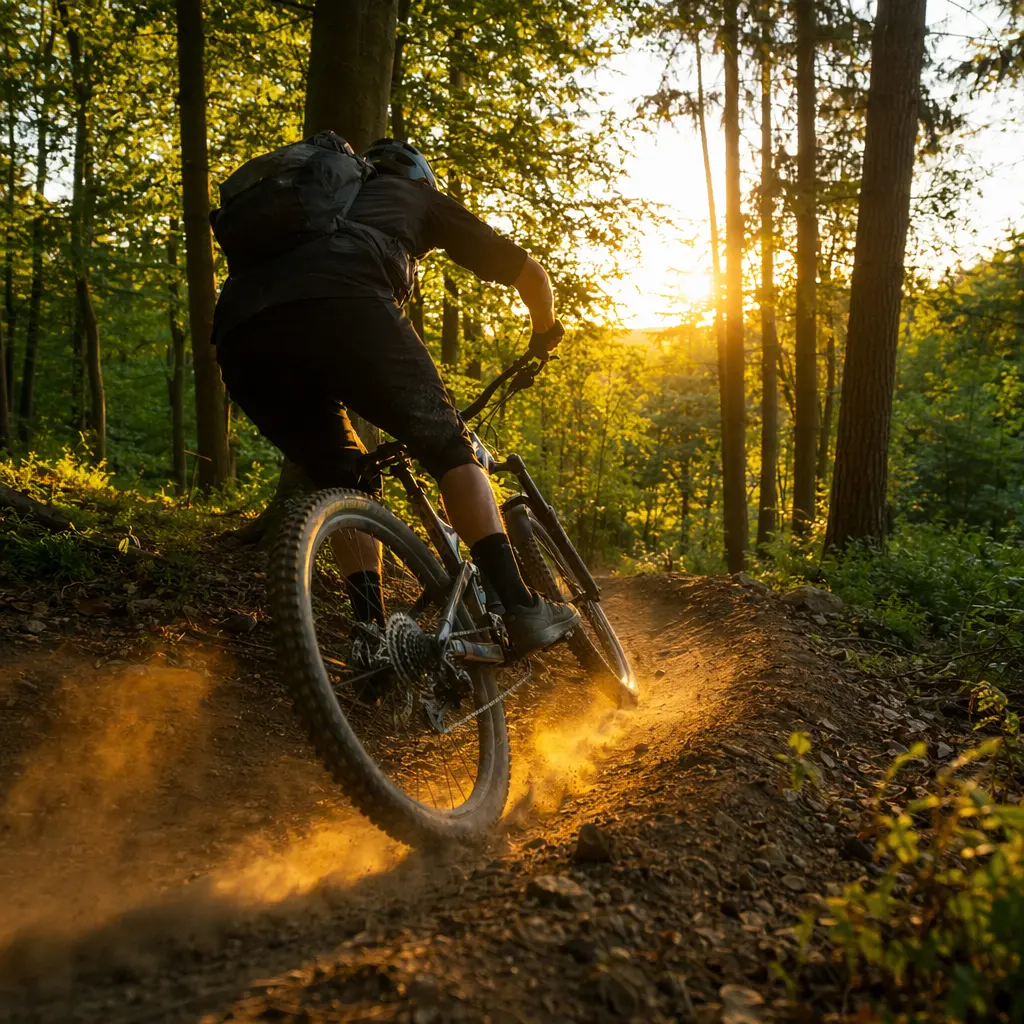 Hardtail mountain bike on a sunlit UK trail centre route at golden hour