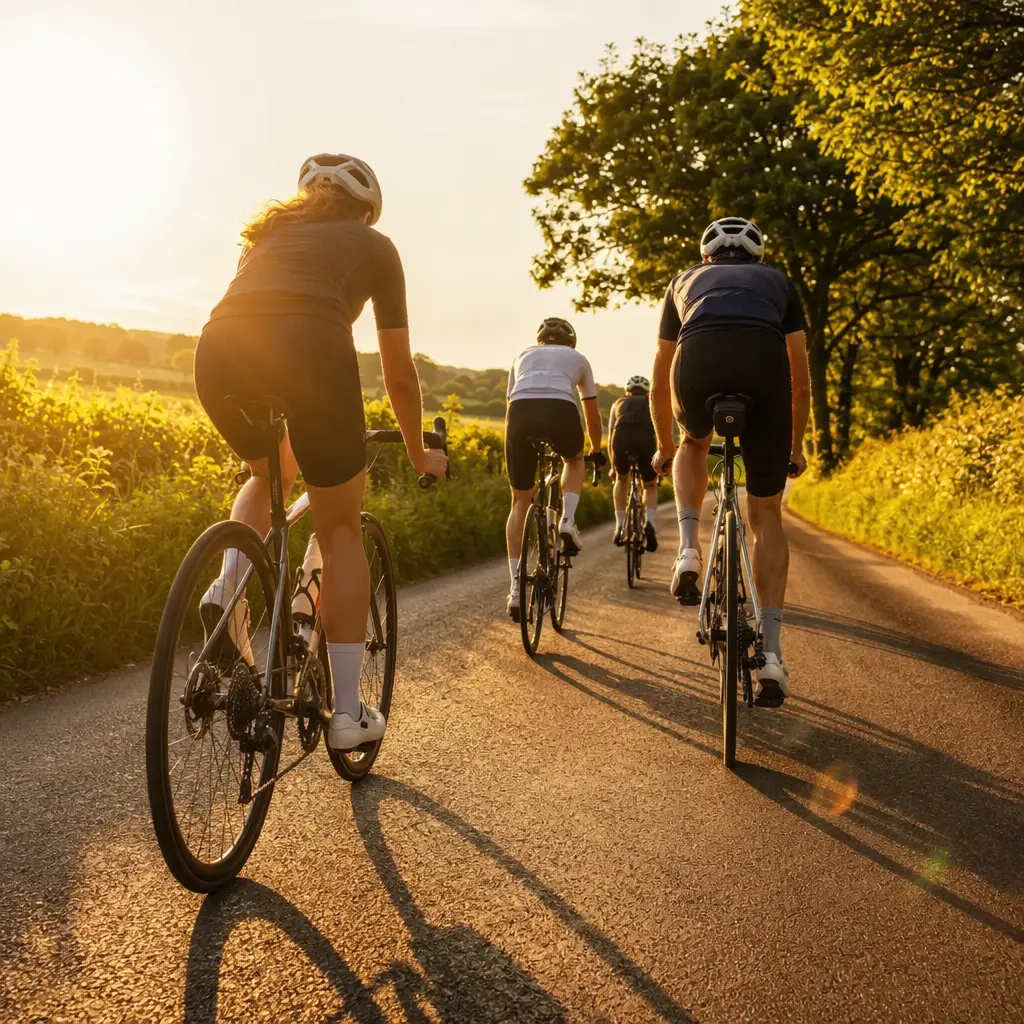 Budget road bikes being ridden quickly along a sunny country lane at golden hour
