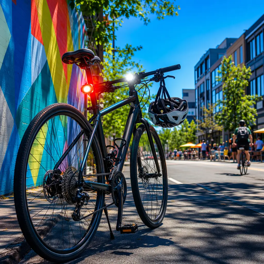 Hybrid bike with bright lights parked on a sunny urban street