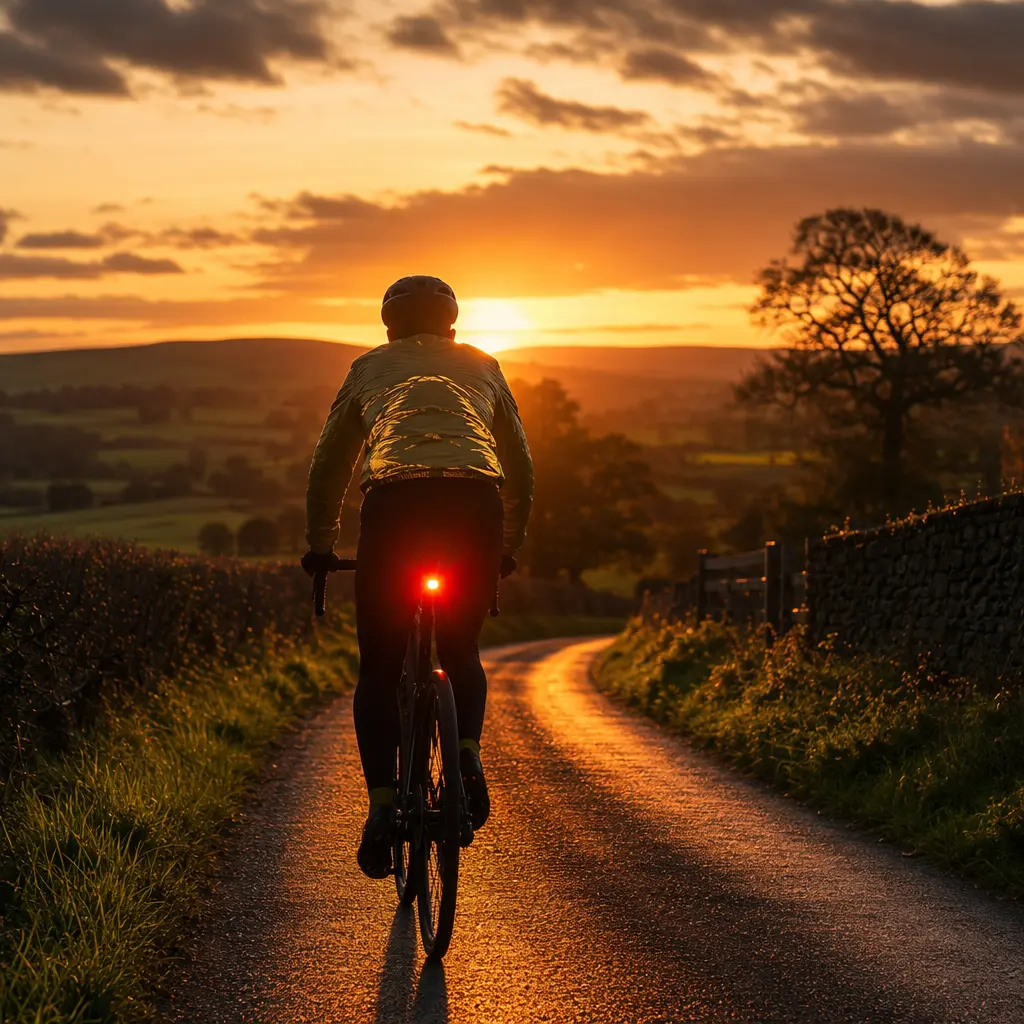 Cyclist riding on a country lane with bright rear light at sunset