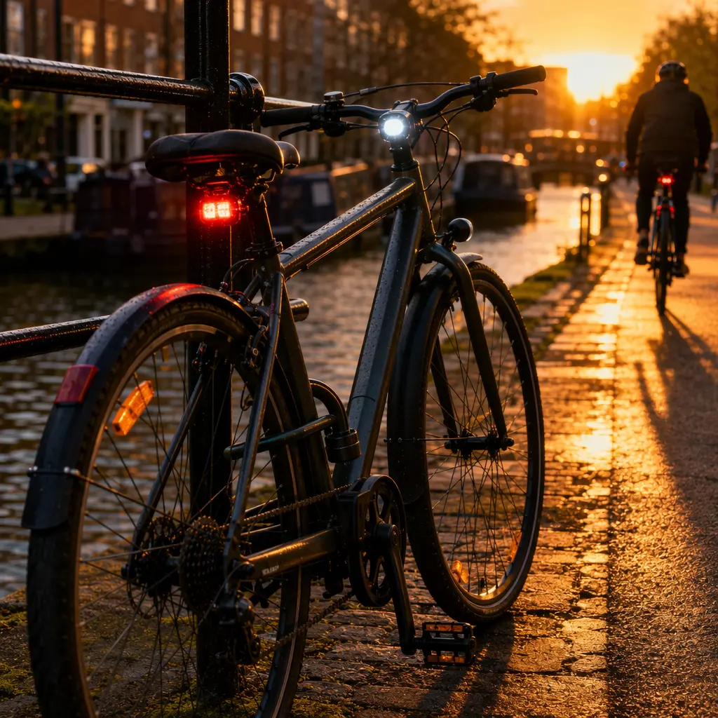 Commuter bike with lights and lock beside a canal towpath at sunset