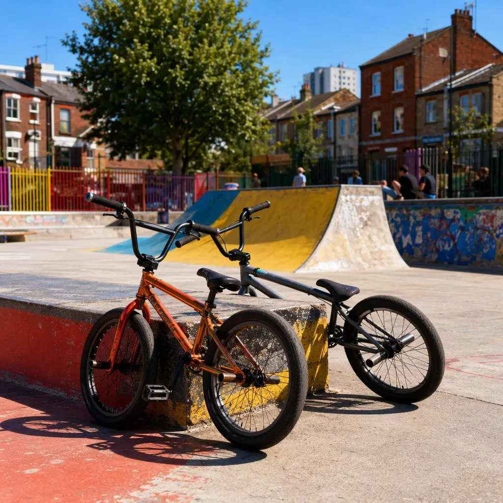 BMX bikes beside ramps at a sunny playground skate area