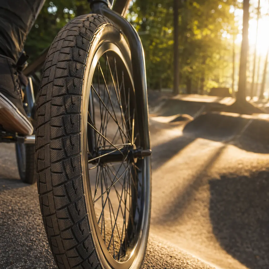 Close-up of a BMX wheel and tyre in warm sunlight