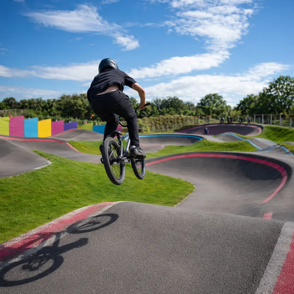 Rider on a BMX bike at a sunny pump track with berms and rollers