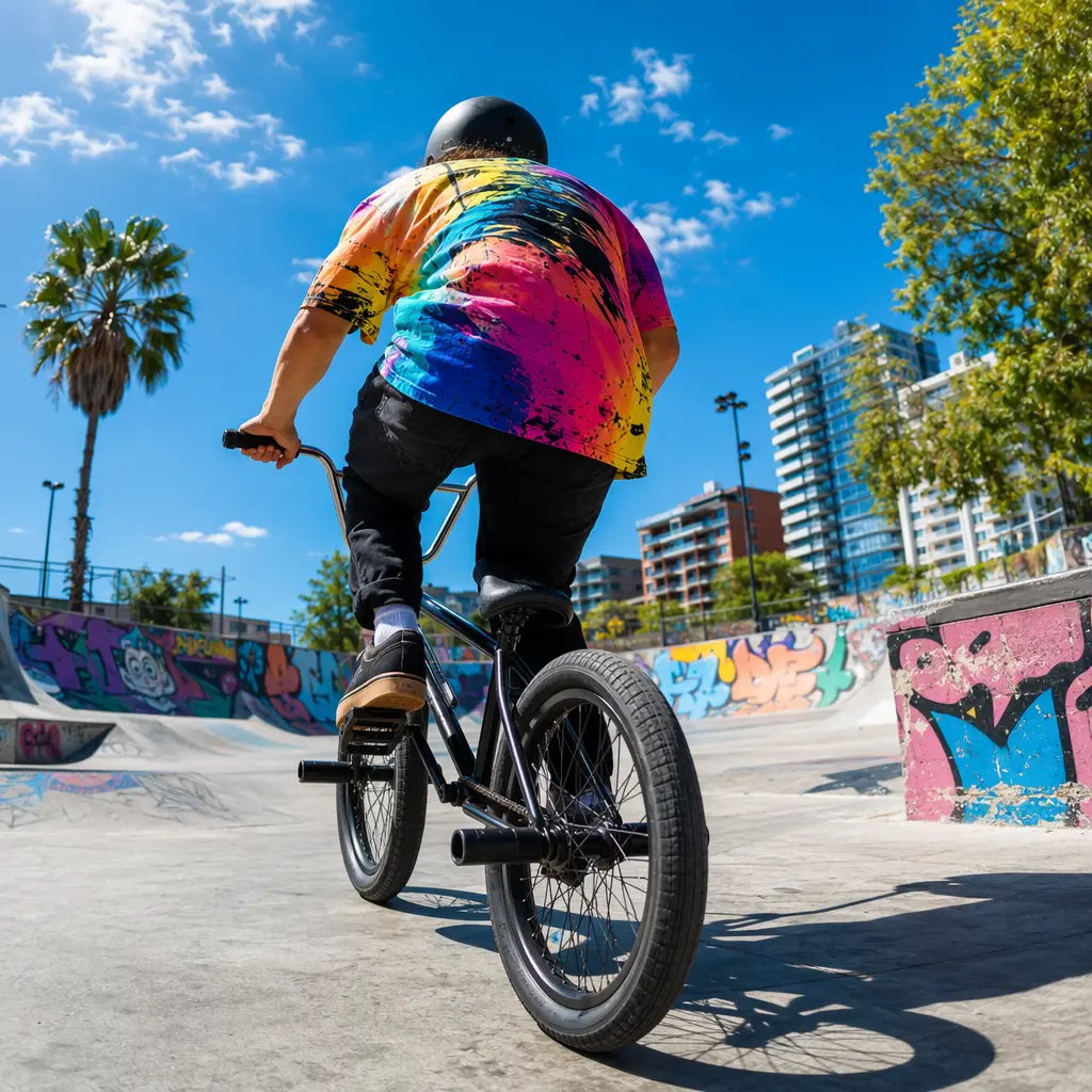 BMX bike at a bright skatepark on a sunny day