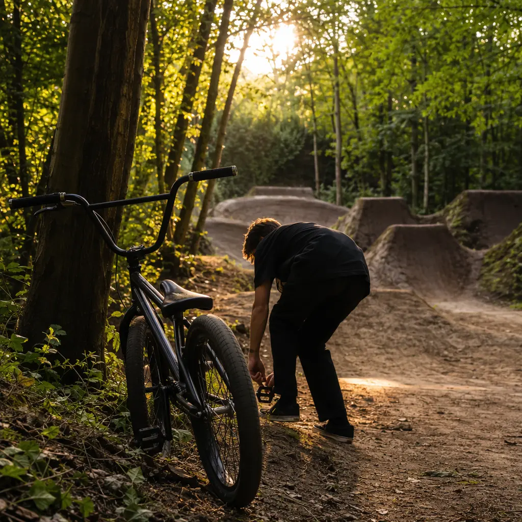 BMX bike beside woodland dirt jumps in warm morning sunlight