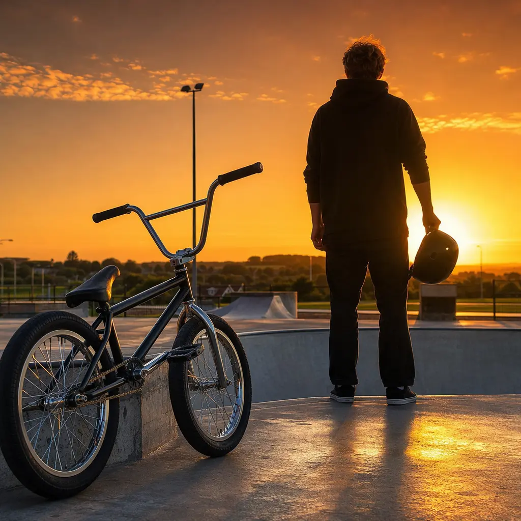 Freestyle BMX bike beside a skatepark bowl at golden hour