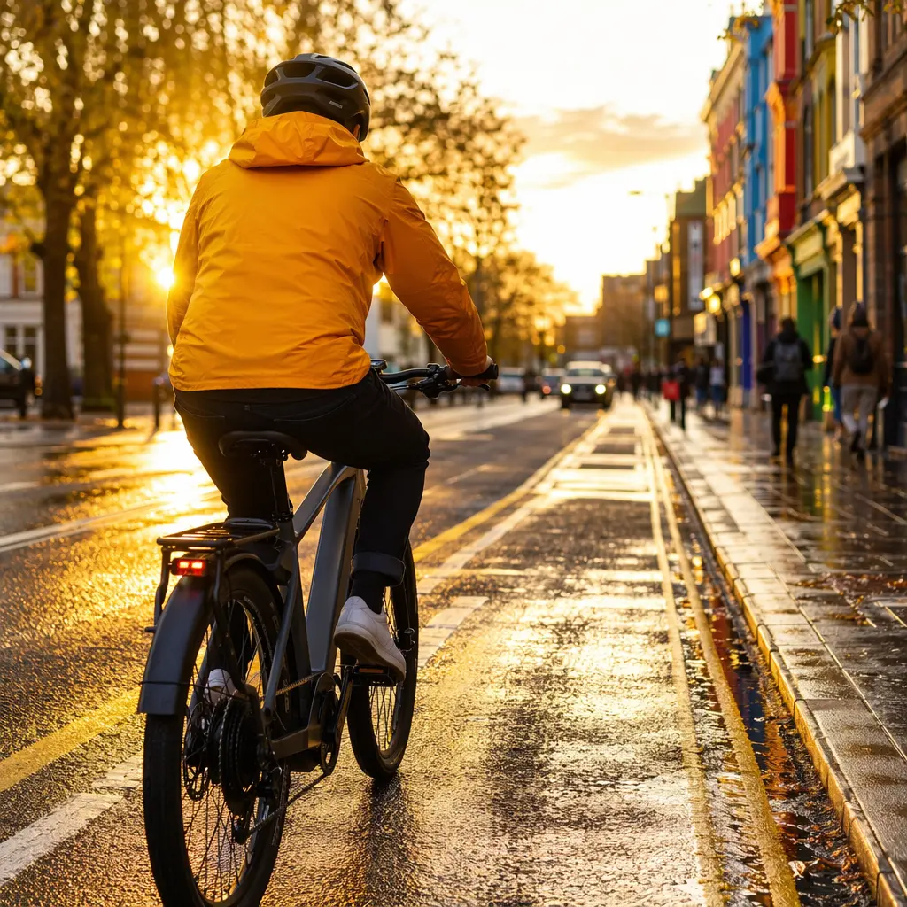 Electric commuter bike on a sunny city cycle lane during golden hour