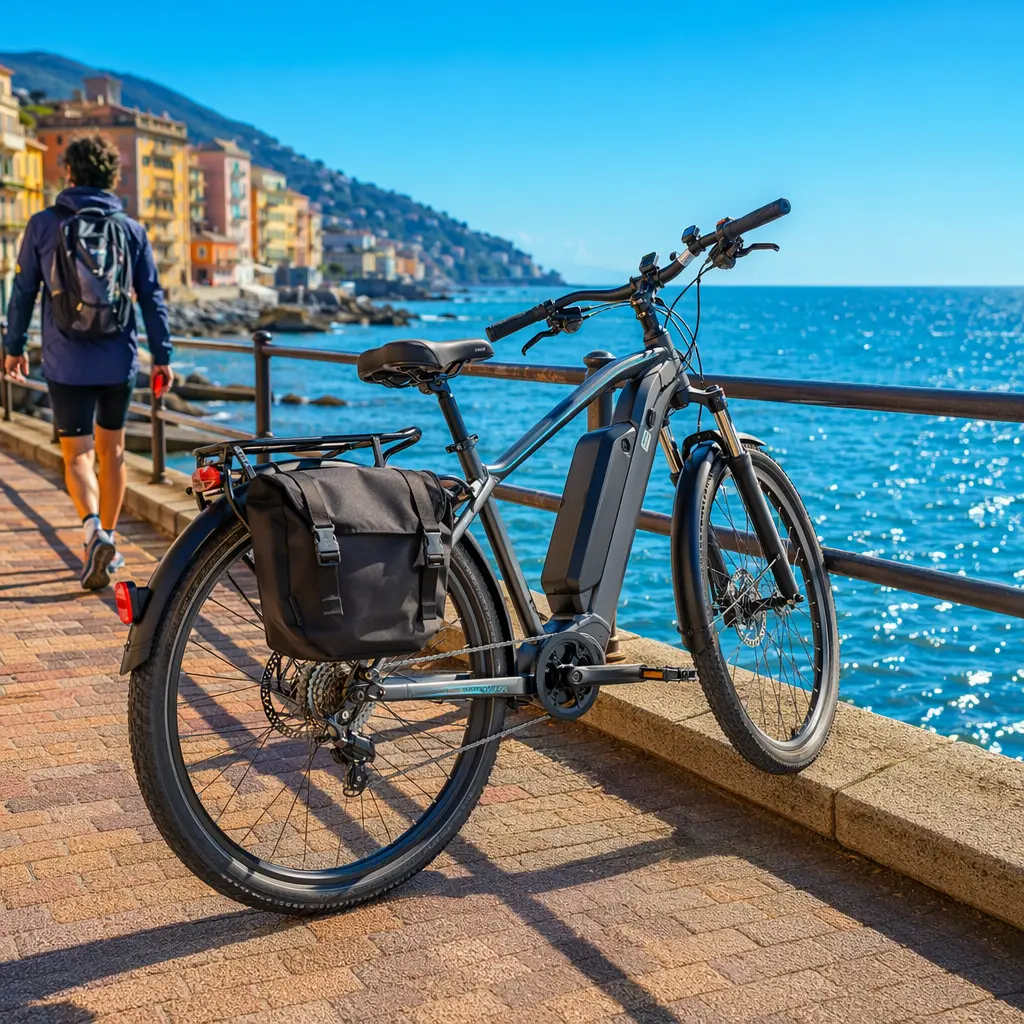 Electric hybrid bike with pannier rack on a sunny seafront promenade