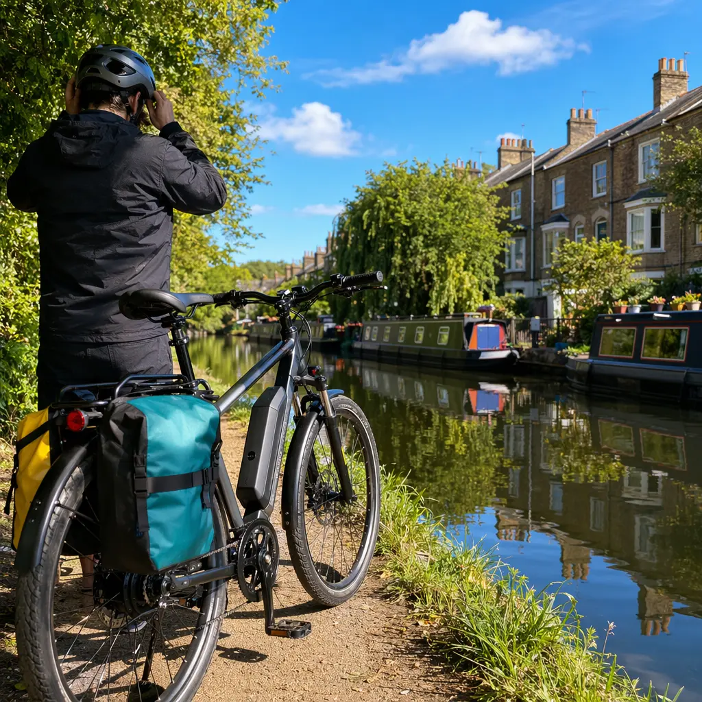 Budget electric hybrid bike beside a sunny canal towpath set up for commuting