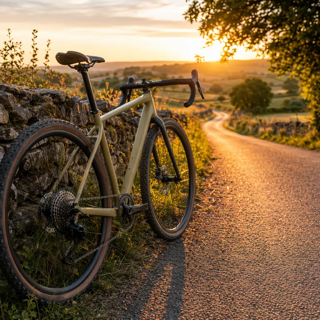 Budget gravel bike beside a country lane at golden hour