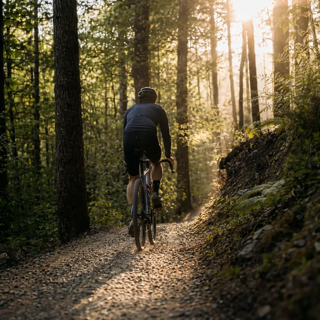 Budget gravel bike riding through sunny woodland trail