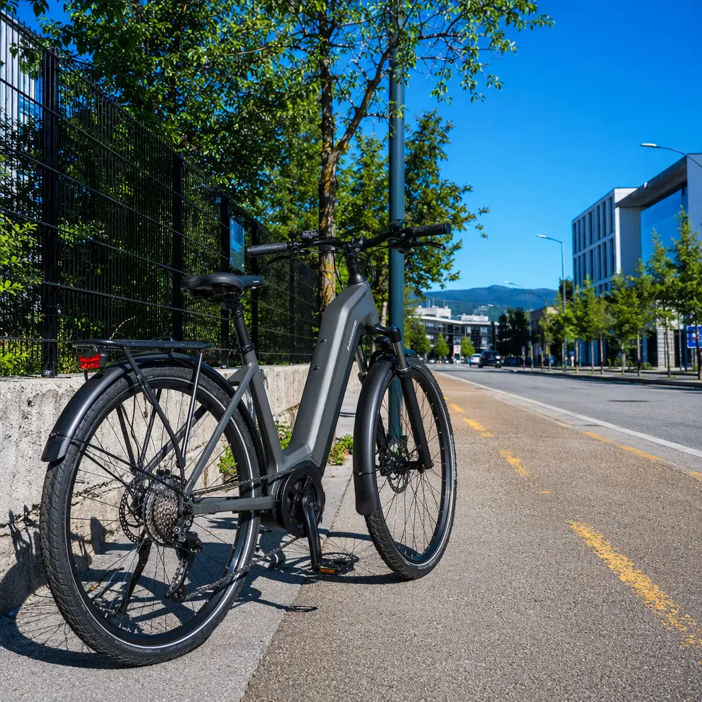 A practical electric trekking bike beside a sunny urban cycle route.