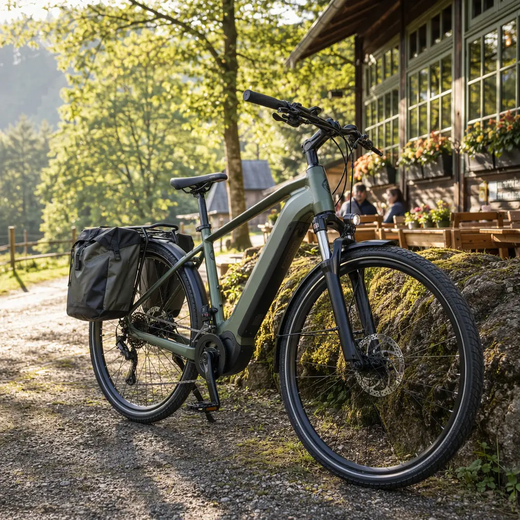 A trekking electric bike with integrated battery parked in warm morning sunlight.