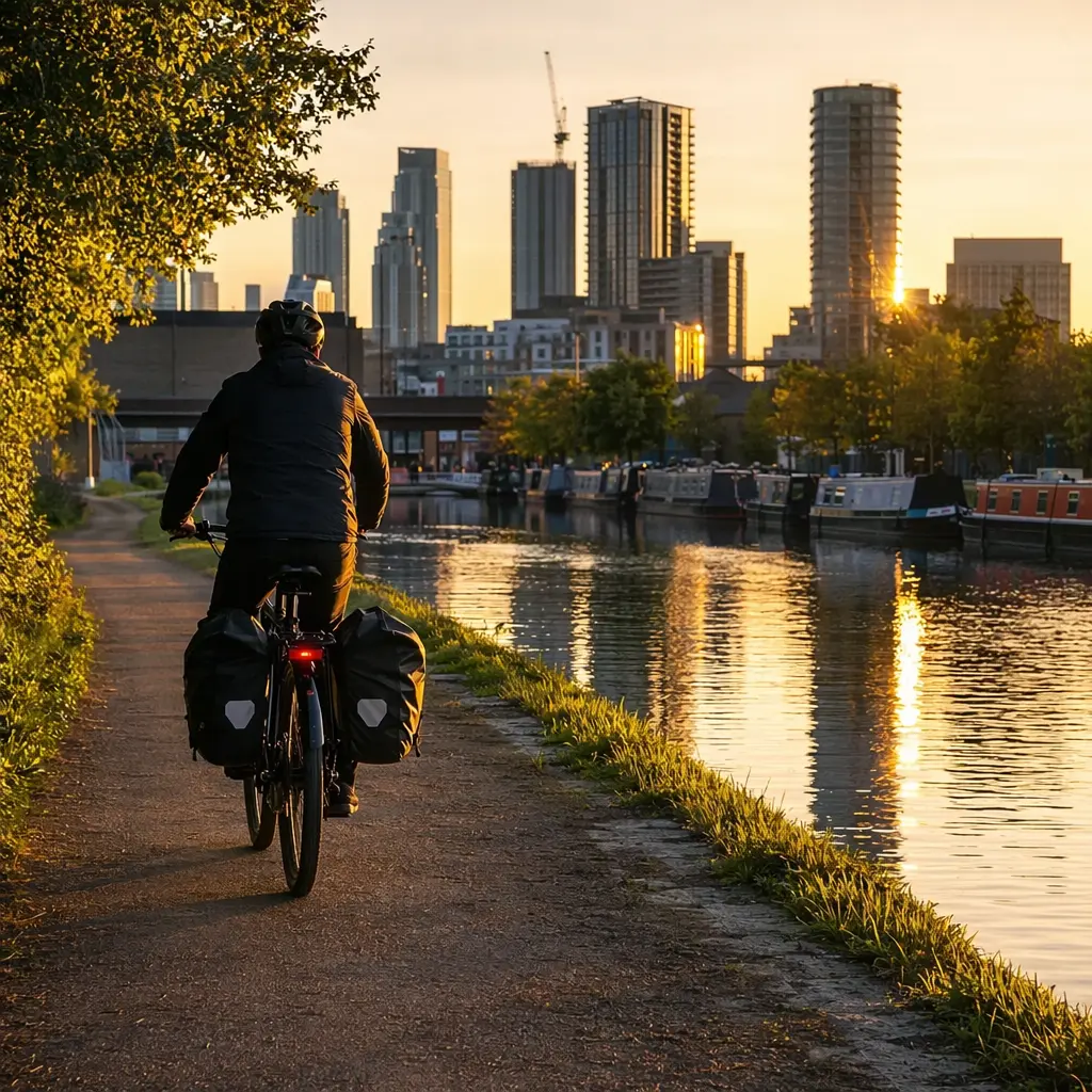 A trekking-style electric bike with panniers riding beside a canal at golden hour.