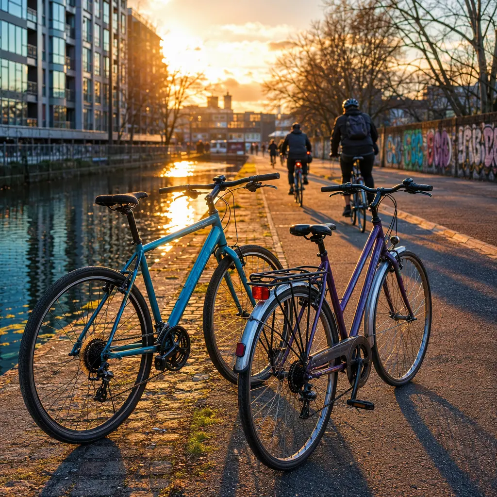 Hybrid and commuter bikes beside a sunny urban towpath during golden hour