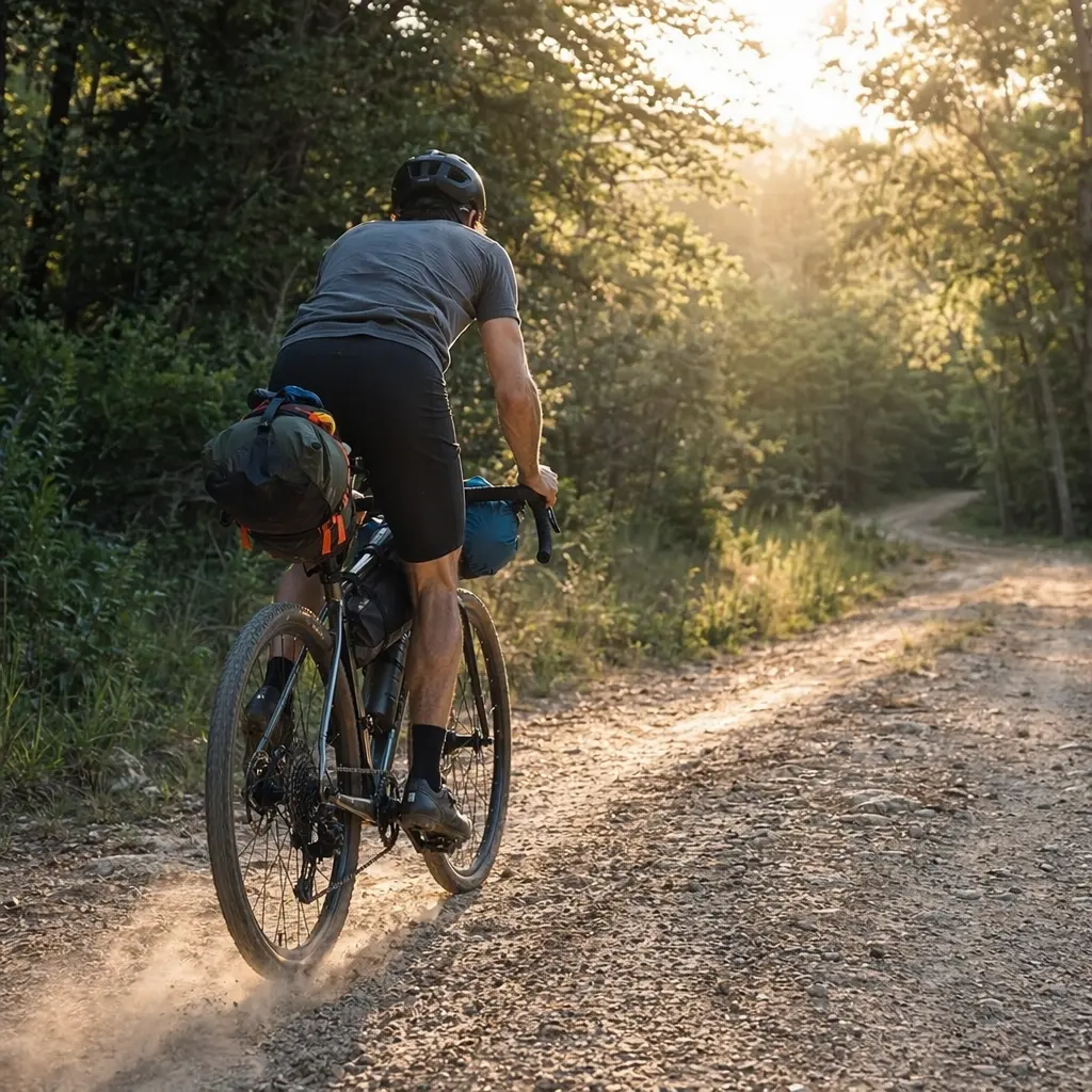 Steel gravel bike riding through woodland in warm morning light