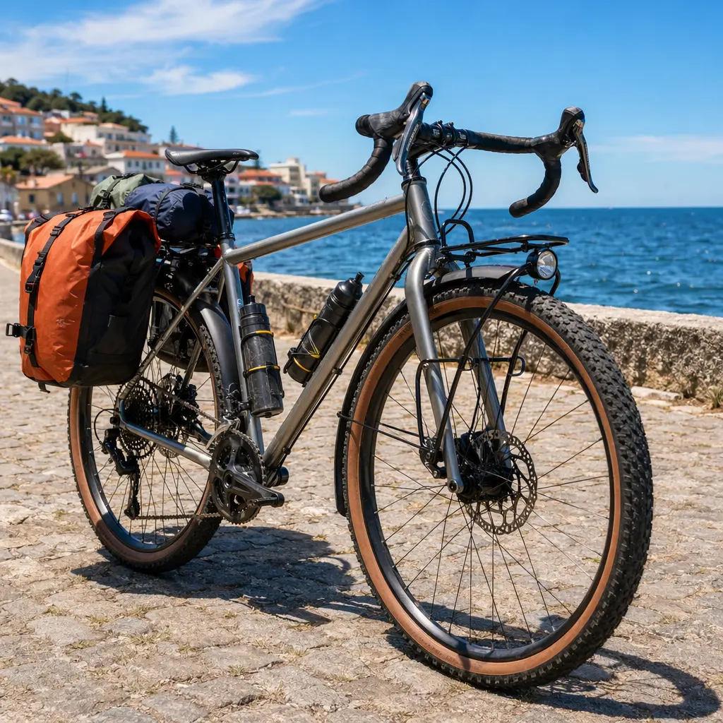 Close-up of a steel gravel bike with wide tyres on a sunny seafront