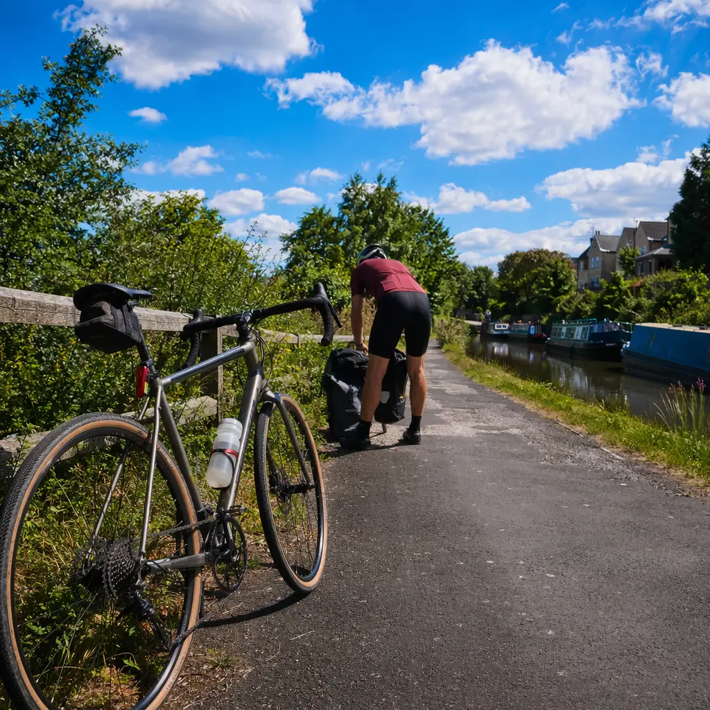 Steel gravel bike beside a sunny canal towpath with panniers and drop bars