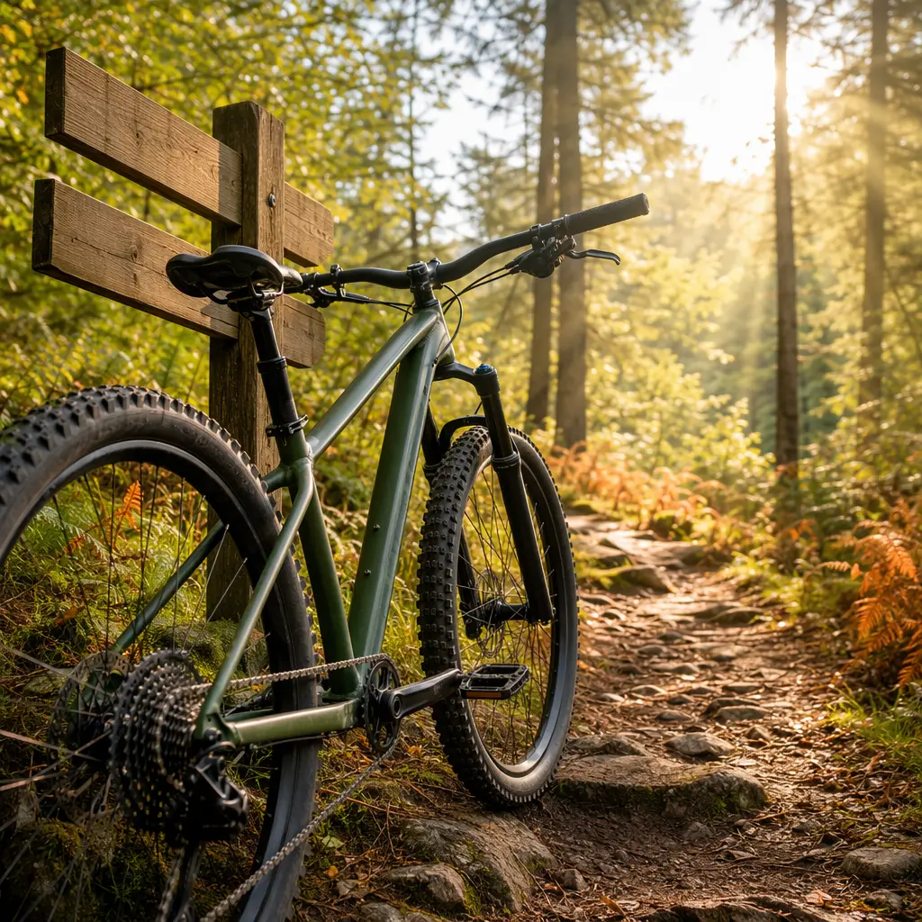 A hardtail mountain bike parked beside a forest trail in warm morning sunlight