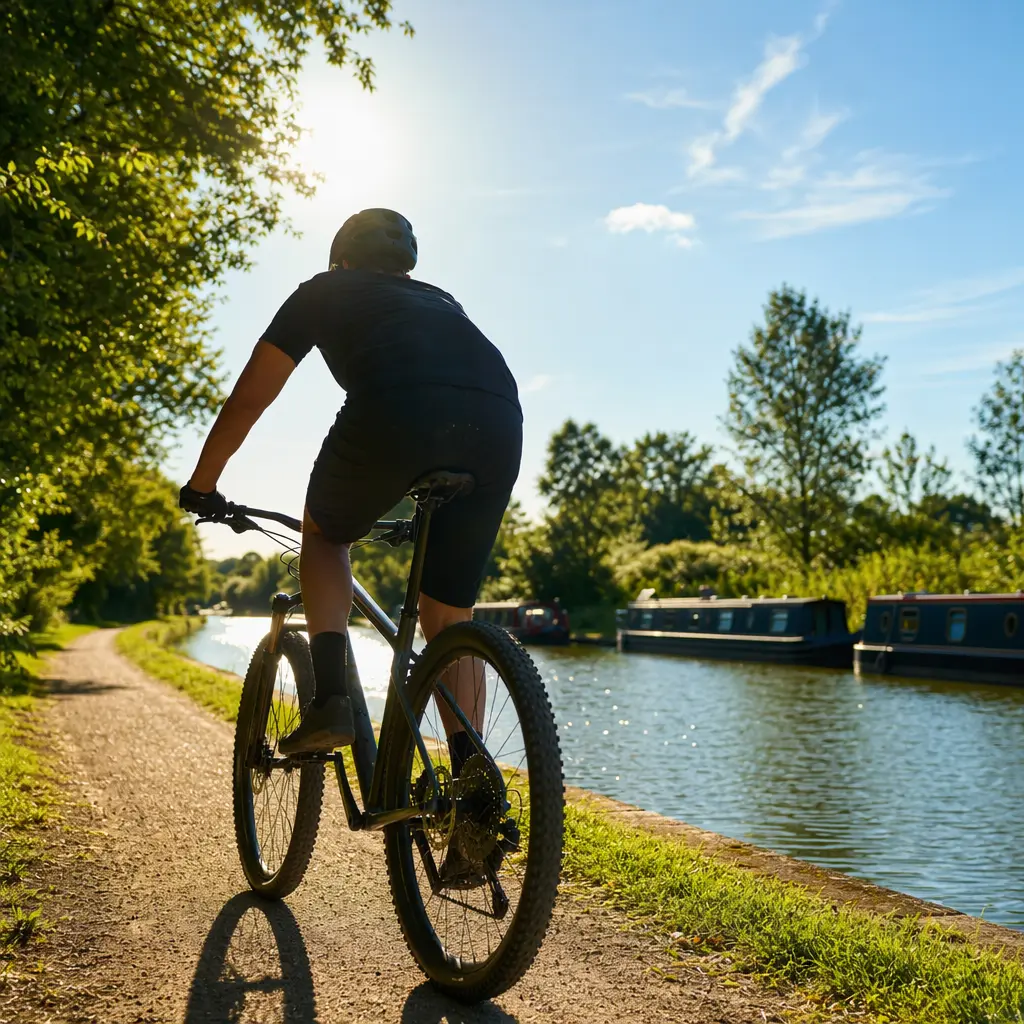 A hardtail mountain bike being ridden beside a canal on a sunny day