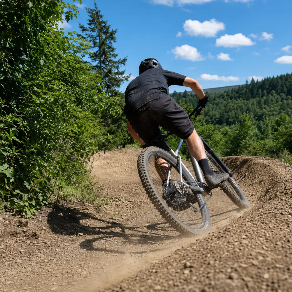 A hardtail mountain bike cornering through a sunny woodland trail centre route