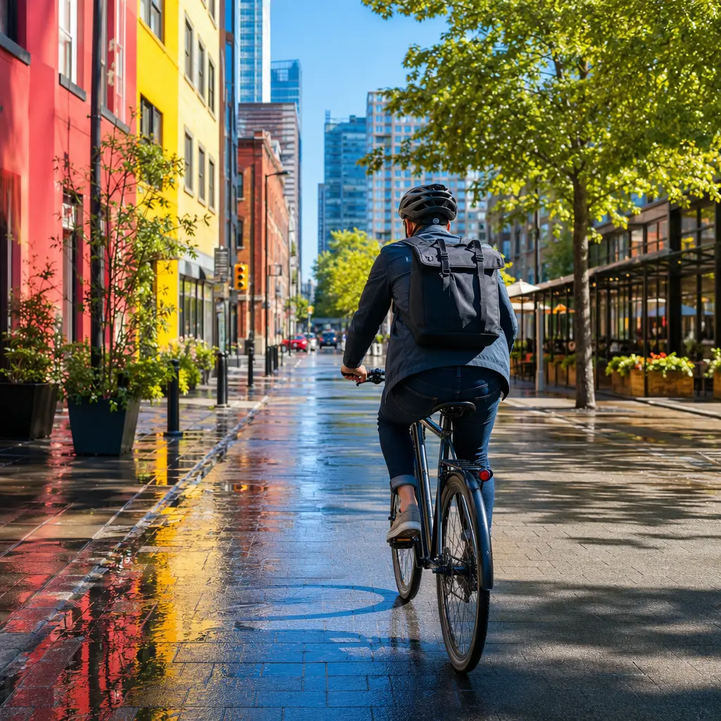 Commuter bike riding through a bright city street in strong daylight