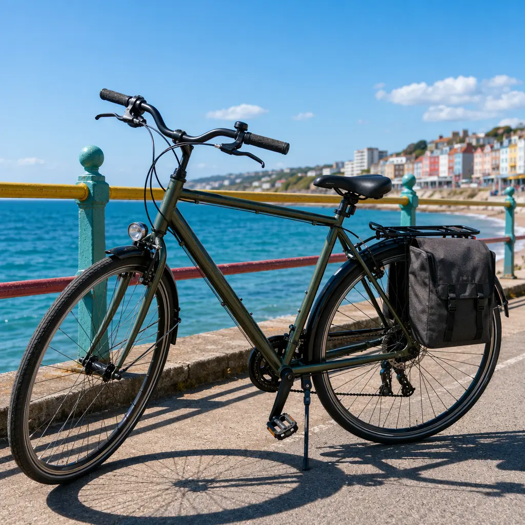 City commuter bike with mudguards beside a sunny coastal promenade