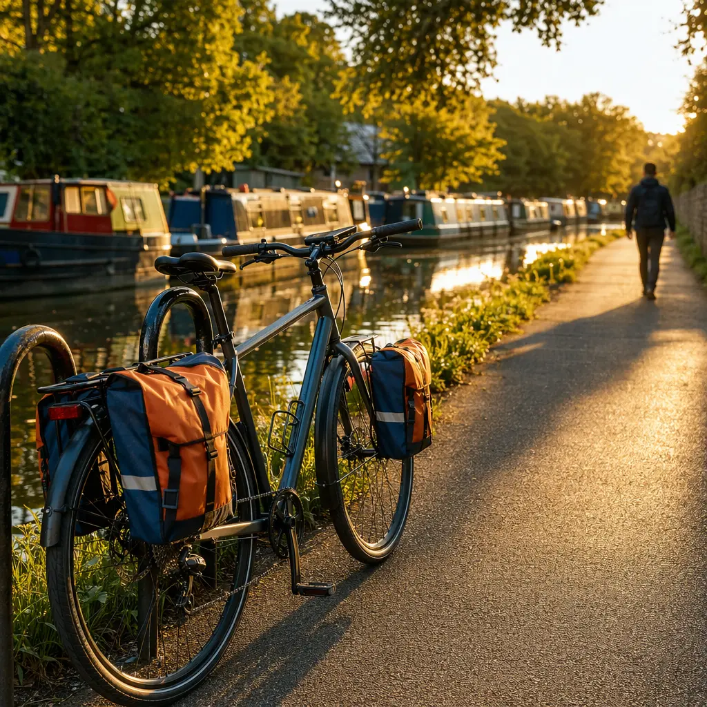 Low-maintenance commuter bike beside a sunny canal towpath at golden hour