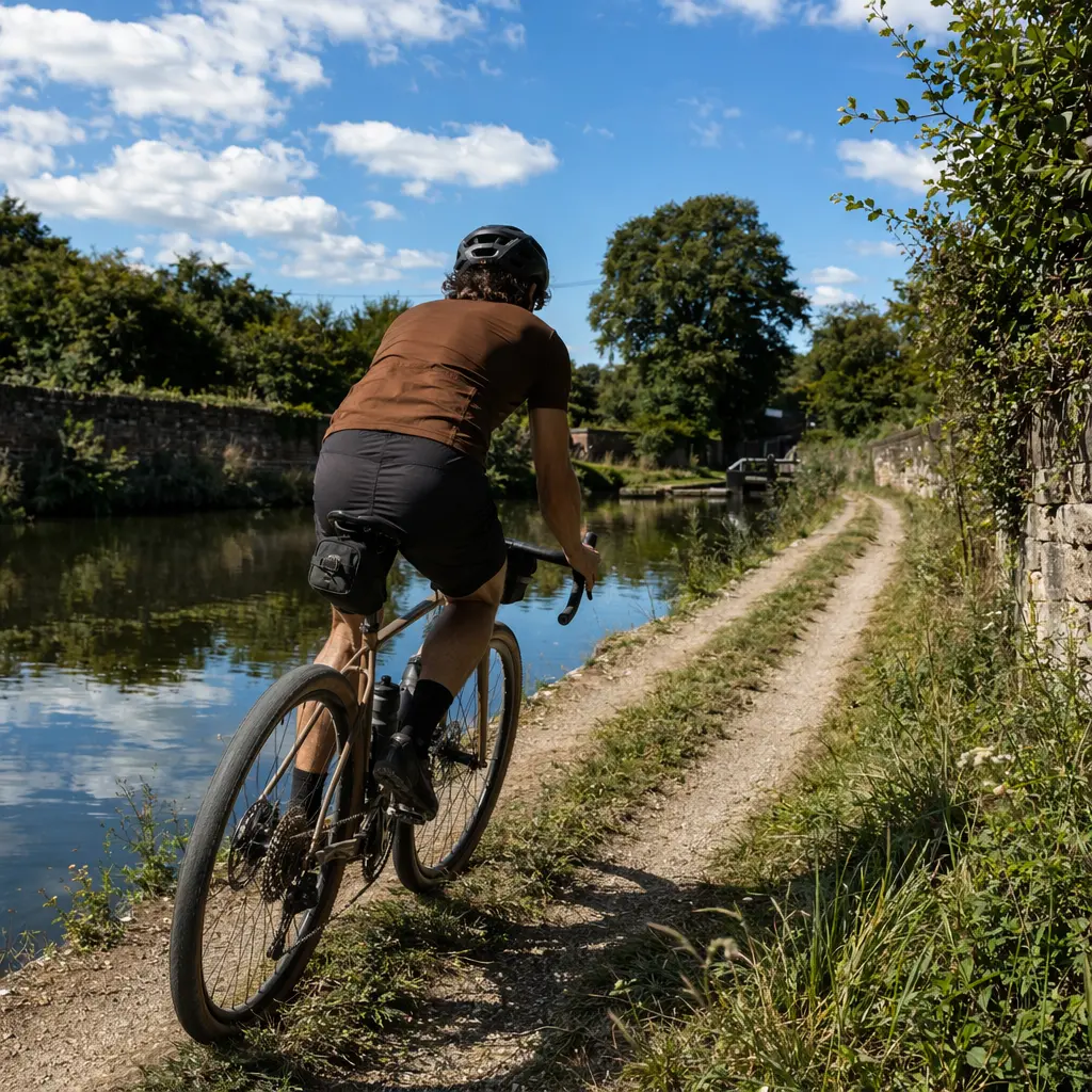 A steel gravel bike being ridden along a sunny canal towpath in bright summer conditions.