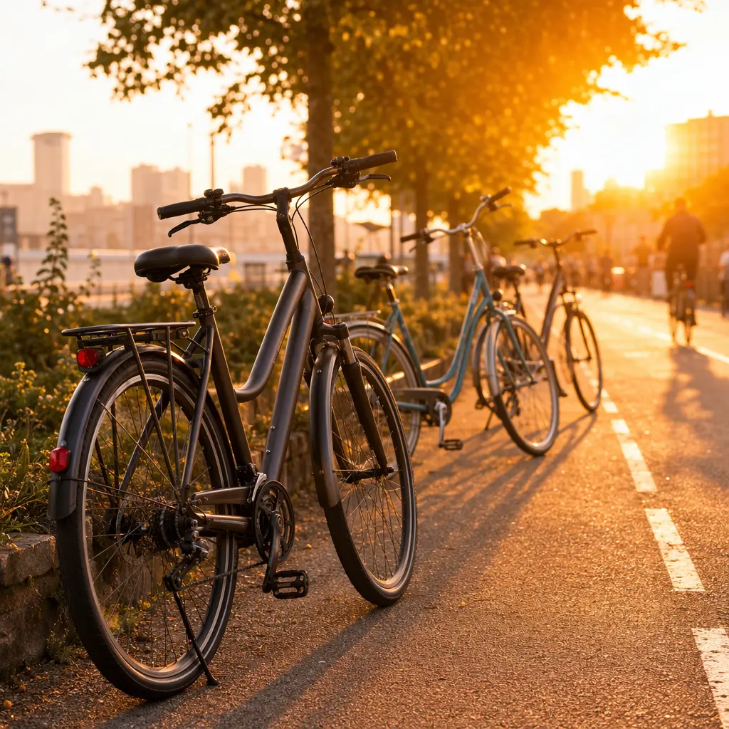A comfort hybrid bike beside a city cycle path in warm evening light.