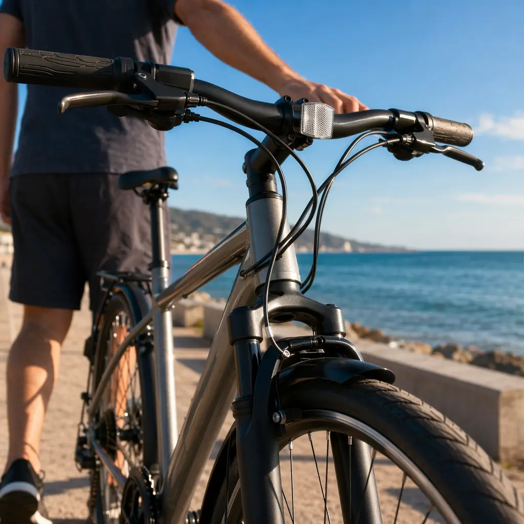 Close view of a hybrid bike cockpit and front wheel beside a sunny seafront promenade.