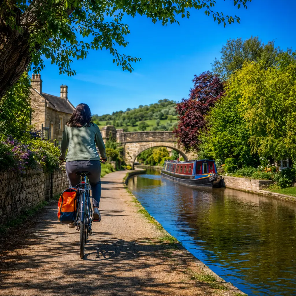 A comfort-focused hybrid bike being ridden beside a sunny canal towpath under a bright blue sky.