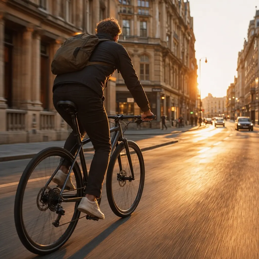 Flat-bar fitness bike ridden quickly through a sunny UK city street at golden hour