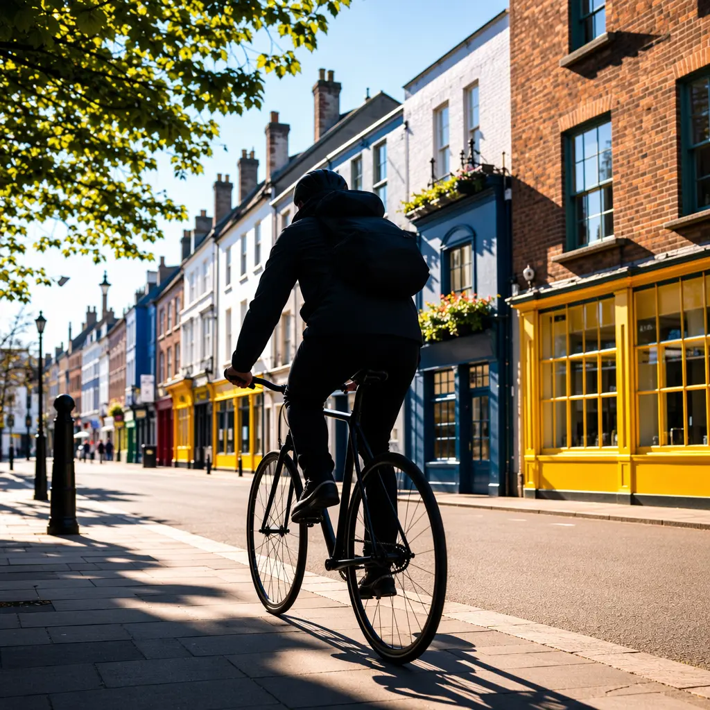 Single-speed commuter bike riding through a bright UK city street