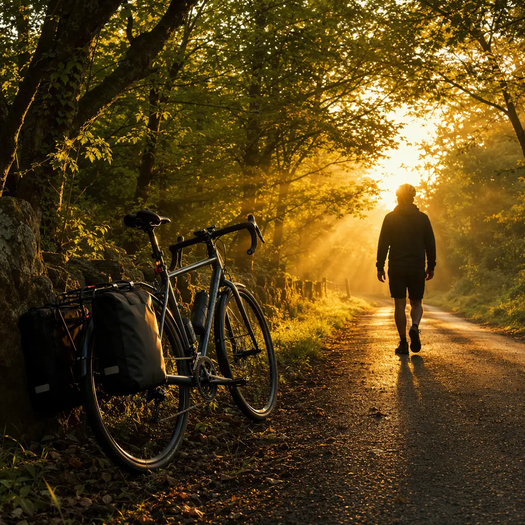Geared commuter bike with panniers beside a sunny woodland lane