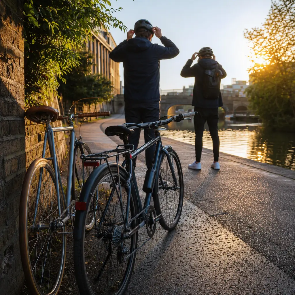 Single-speed and geared commuter bikes beside a sunny canal towpath in a UK city